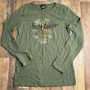 Harley Davidson T-Shirt Womens XL Green Long Sleeve Indianapolis Motorcycle 6229